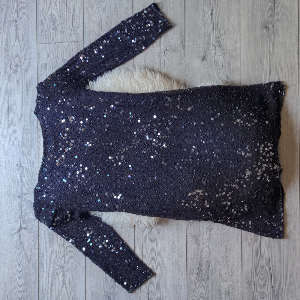 Pisarro Nights Beaded Long Sleeve Minidress, Silk outer shell Size 8